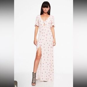 AFRM Light Pink Floral Print Flutter Sleeve Front Slit Maxi Dress XS